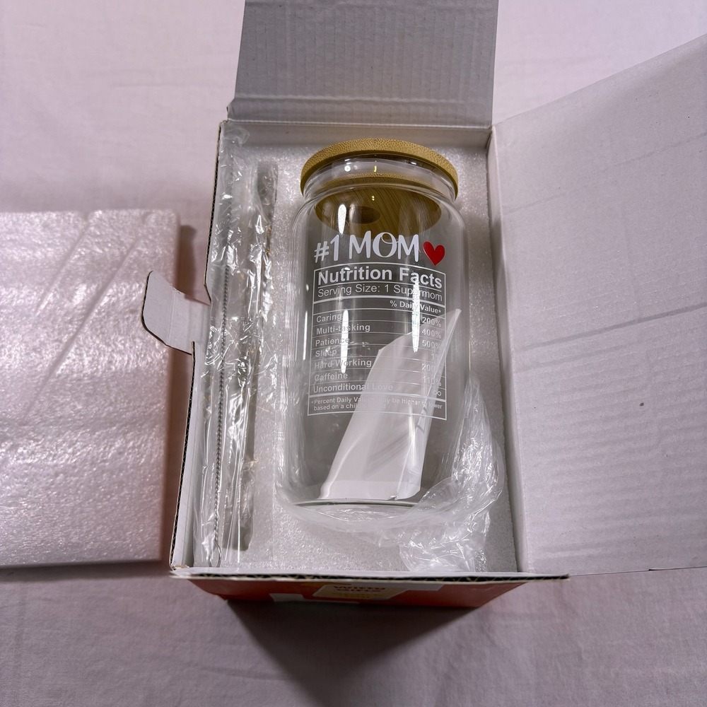 NewEleven‎ Coffee Beer Can Glass 16oz Mom Nutrition Facts Bamboo Lid Reusable